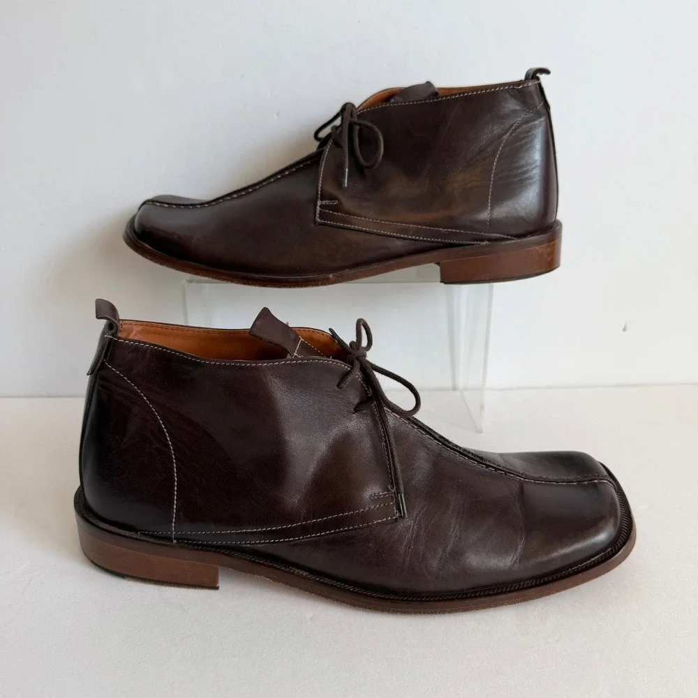 Kenneth Cole Y2K Brown Leather Chukka Boots 12 Italy Square Toe Euro Minimalist
